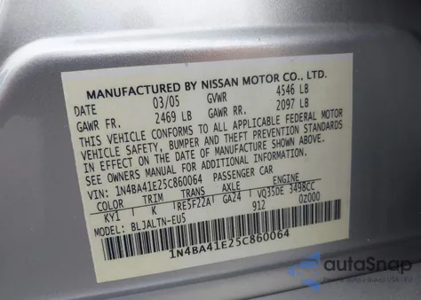2005 Nissan Maxima 3.5 Se from USA, damaged, VIN 1N4BA41E25C860064
